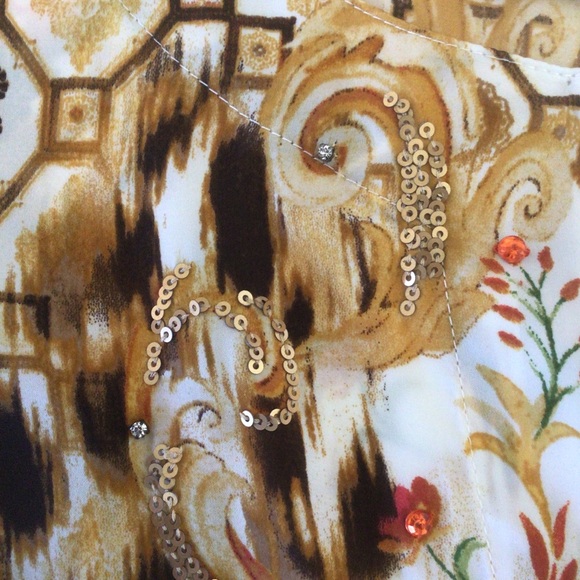 CHICOS SCROLL PATTERNED GOLD EMBELLISHED SILKY TUNIC SMALL - Picture 10 of 16